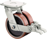 Double castor cast polyurethane wheel Ø 250 mm, H 314 mm, plate 175x140 mm Cast wheel brakes, load capacity 2000 kg
