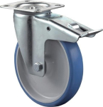 Lenkrolle Polyurethanrad Rollenlager Ø 150 mm, H 190 mm, Platte 135x110 mm blau, Ku-Felge Festst. Tragk. 150 kg
