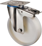 Lenkrolle, Kunststoffrad, Gleitlager Ø 50 mm, H 70 mm, Platte 60x60 mm Edelstahl, Feststeller, Tragkraft 55 kg