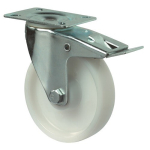 Zwenkwiel Kunststof wiel Rollager Ø 125 mm, H 157 mm, plaat 105x85 mm wit, Ku-rand, vast st. Draagvermogen 250 kg