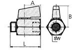 Minikogelkraan messing vernikkeld IG/AG 1/8", BL 38 mm, max 10 bar Kunststof vleugelhandgreep glad oppervlak