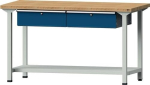 Werkbank, Bucheplatte 40 mm BxTxH 1500x700x890 mm lichtgrau/enzianblau, 2 Schubladen