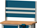 Workbench structure 2 support rails WxH 1165x650 mm gentian blue, perforated sheet, ANKE