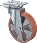 Lenkrolle Guss Polyurethan Kugellager Ø 125 mm, H 157 mm, Platte 105x85 mm orange, Alufelge Festst. Tragk. 300 kg