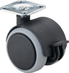 Double castor soft running surface Ø 50 mm, H 65 mm, plate 42x42 mm black grey, brakes, load capacity 50 kg
