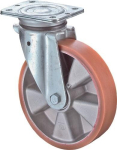 Lenkrolle Guss Polyurethan Kugellager Ø 125 mm, H 157 mm, Platte 105x85 mm orange, Alufelge Tragkraft 300 kg
