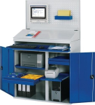 Computerkast met geperforeerd paneel 1100x520x1770 mm, 2 legplanken 2 laden, lichtgrijs/gentiaanblauw