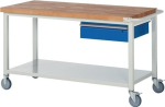 Classic workbench with 40 mm beech top W1500xD700xH880 mm, mobile, 1 drawer 1 shelf, light grey/ gentian blue