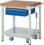 Werkbank Classic mit 40 mm Bucheplatte B750xT700xH880 mm, absenkbar, 1 Schubla. 1 Ablageboden, lichtgrau/enzianblau