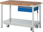 Werkbank Classic mit 40 mm Bucheplatte B1250xT700xH880 mm, absenkbar, 1 Schubl. 1 Ablageboden, lichtgrau/enzianblau