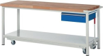 Werkbank Classic mit 40 mm Bucheplatte B2000xT700xH880 mm, absenkbar, 1 Schubl. 1 Ablageboden, lichtgrau/enzianblau