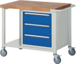 Classic workbench with 40 mm beech top W1000xD700xH880 mm, mobile, 3 drawers. 1 shelf, light grey/ gentian blue