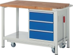Werkbank Classic mit 40 mm Bucheplatte B1250xT700xH880 mm, absenkbar, 3 Schubl. 1 Ablageboden, lichtgrau/enzianblau