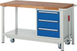 Werkbank Classic mit 40 mm Bucheplatte B1500xT700xH880 mm, absenkbar, 3 Schubl. 1 Ablageboden, lichtgrau/enzianblau