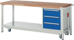 Werkbank Classic mit 40 mm Bucheplatte B2000xT700xH880 mm, absenkbar, 3 Schubl. 1 Ablageboden, lichtgrau/enzianblau