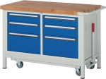 Classic workbench with 40 mm beech top W1250xD700xH880 mm, can be lowered 6 drawers, light grey/ gentian blue