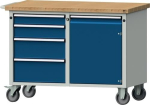Werkstattwagen mit 40 mm Bucheplatte HxBxT 850x1140x650mm grau/blau SchublxH1 x 90/120/180/210, 1 Tür 600 mm