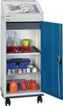 Verrijdbaar sta-bureau H1310xB500xD500 mm, lichtgrijs/gentiaanblauw met gereedschapskast