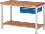 Classic workbench with 40 mm beech top W1250xD700xH840 mm, 1 drawer Beech shelf, light grey/ gentian blue