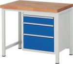 Classic workbench with 40 mm beech top W1000xD700xH840 mm, 3 drawers light grey/ gentian blue