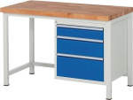 Classic workbench with 40 mm beech top W1250xD700xH840 mm, 3 drawers light grey/ gentian blue