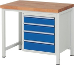 Classic workbench with 40 mm beech top W1000xD700xH840 mm, 4 drawers light grey/ gentian blue