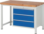 Werkbank Classic mit 40 mm Bucheplatte B1250xT700xH840 mm, 3 Schubladen-XL lichtgrau/enzianblau