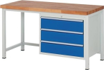 Werkbank Classic mit 40 mm Bucheplatte B1500xT700xH840 mm, 3 Schubladen-XL lichtgrau/enzianblau
