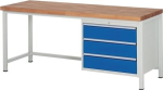 Werkbank Classic mit 40 mm Bucheplatte B2000xT700xH840 mm, 3 Schubladen-XL lichtgrau/enzianblau