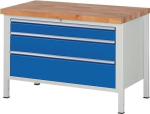 Classic workbench with 40 mm beech top W1250xD700xH840 mm, 3 drawers-XXL light grey/ gentian blue