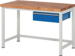 Classic workbench with 40 mm beech top W1250xD700xH840 mm, 1 drawer light grey/ gentian blue