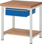 Werkbank Classic mit 40 mm Bucheplatte B750xT900xH840 mm, 1 Schublade Ablageboden Buche, lichtgrau/enzianblau