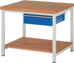 Classic workbench with 40 mm beech top W1000xD900xH840 mm, 1 drawer Beech shelf, light grey/ gentian blue