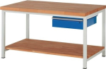 Werkbank Classic mit 40 mm Bucheplatte B1500xT900xH840 mm, 1 Schublade Ablageboden Buche, lichtgrau/enzianblau