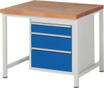 Werkbank Classic mit 40 mm Bucheplatte B1000xT900xH840 mm, 3 Schubladen lichtgrau/enzianblau