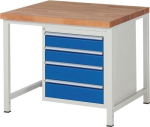 Werkbank Classic mit 40 mm Bucheplatte B1000xT900xH840 mm, 4 Schubladen lichtgrau/enzianblau