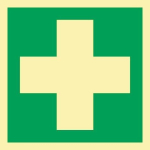 Vluchtwegsymbool, zelfklevende folie 148x148 mm, eerste hulp, groen/wit Fotoluminescent ASR A1.3/DIN EN ISO 7010