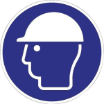 Verplicht bord, plastic bord 205 mm blauw/wit, gebruik hoofdbescherming ASR A1.3/DIN EN ISO 7010