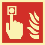 Brandveiligheidsbord, zelfklevende folie 148x148 mm, brandalarm rood/wit Fotoluminescent ASR A1.3/DIN EN ISO 7010