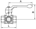 3-weg messing kogelkraan IG 3/8"Rp, DN10, BL 71 mm L-boring, afdichting aan alle zijden.