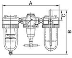 Onderhoudseenheid Standaard 3-delige serie IG 3/8", DN6, 770l/min, Mano. D50 mm BG1, polycarbonaat tank, handmatige aftapkraan