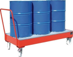 Auffangwanne 202 l LxBxH 1800x800x430 mm fahrbar, rot für 3x200l Fässer stehend