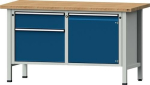 Werkbank mit Universalplatte 40 mm BxTxH 1500x700x890 mm lichtgrau/enzianblau, 2 Schubladen 1 Tür