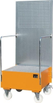 Drip tray for 200 litre drum orange, LxWxH 800x890x2110 mm mobile, with perforated plate