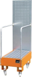 Drip tray for 2x60 l drums orange, LxWxH 875x500x1685 mm mobile, with perforated plate