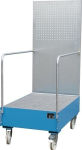 Drip tray for 2x200 l drums blue, LxWxH 1280x800x2015 mm mobile, with perforated plate