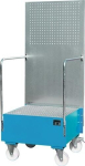 Drip tray for 200 litre drum blue, LxWxH 800x890x2110 mm mobile, with perforated plate