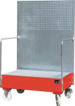 Drip tray for 2x200 l drums red, LxWxH 800x1280x2015 mm mobile, with perforated plate