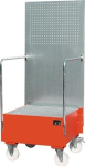 Drip tray for 200 litre drum red, LxWxH 800x890x2110 mm mobile, with perforated plate