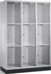 Vakkenkast met acrylglas, 3x3 vakken HxBxD 1750x1220x500 mm, met sokkel lichtgrijs